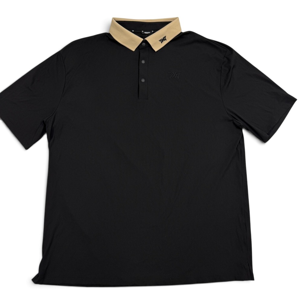 PXG Parsons Xtreme Golf Polo Shirt Mens 2XL Black Tan Collar Ribbed Short Sleeve